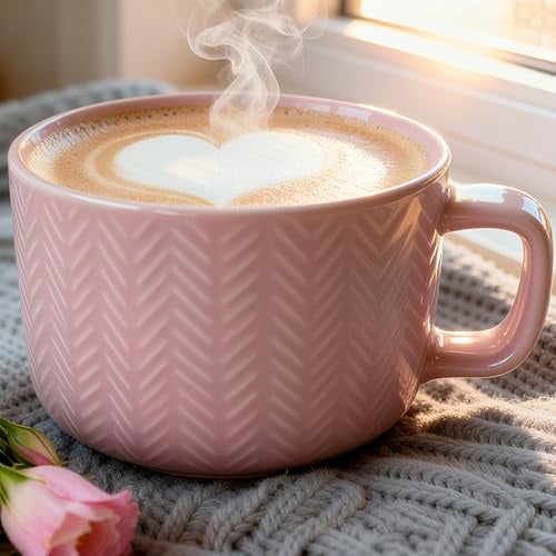 Disoza Groß Suppentasse Rosa Keramik Kaffeetasse Jumbotasse XXL Porzellan Kaffee Tee Tasse 700ml Müsli Suppen Kaffeebecher Schale Schüssel Suppenschüssel mit Griff