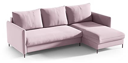 Sofello BELIS Ecksofa mit Schlaffunktion L-förm Liegefläche: 201 x 150 cm Boucle-Velours-Stoff Sofa 3-Sitzer Ecksofa mit Schlaffunktion und Bettkasten (Riviera 62 - Rosa)