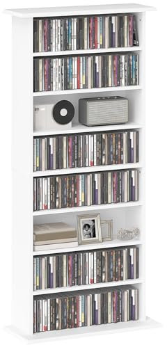 HOMCOM 360 CD/185 DVD Storage Unit, 185 Blu-ray Media Storage Shelf with 8 Compartments and 6 Adjustable Shelves, CD Tower for Living Room, Bedroom, Office, White
