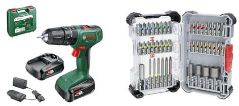 Bosch Home and Garden Bosch Akku Schlagbohrschrauber EasyImpact 18V-40 (2 Akku 2,0 Ah, 18 Volt System, im Koffer) + 43x Extra Hard Schrauberbit-Set, 43‑tlg. (197 x 110,5 mm, Professional Zubehör)