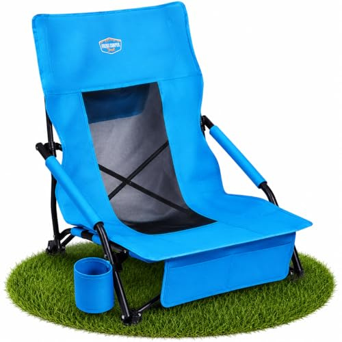 Fuchs Camper Strandstuhl klappbar leicht – Niedriger Campingstuhl mit hoher Rückenlehne – Faltbarer Outdoor-Stuhl mit Getränkehalter & Taschen – Bis 180 kg belastbar – Blau
