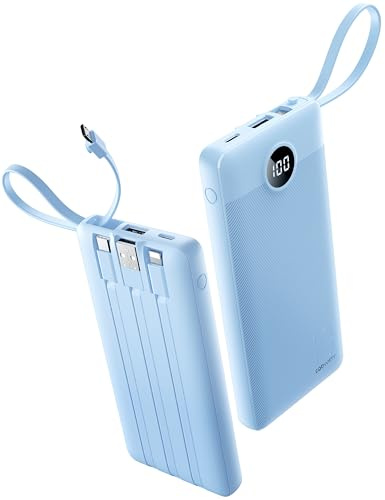 Coowisty 10000mAh Powerbank mit Integriertem Kabel, USB C Tragbares Ladegerät, 5 Ausgänge 2 Eingänge LED Display Externe Akkupack für Handys, Kompatibel mit iPhone, Samsung, Huawei und mehr (Blau)