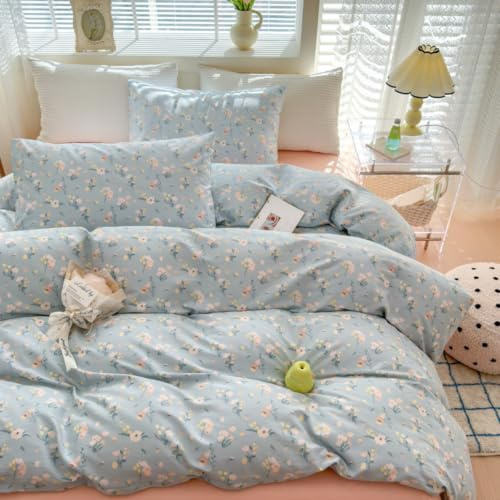 Freyamy Housse de Couette 200x200 Fleurs Bleu Rose Floral Parure de lit | Linge de Lit 2 Personnes Filles, Fermeture Éclair, Housse Couette en Microfibre, 2 Taie d'oreiller 65x65cm, Certifié Oeko-Tex