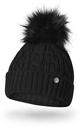 HEYO Damen Wintermütze mit Fleece Innenband H18527 | Slouch Beanie Winter Mütze | Warme Strickmütze mit Bommel | Bommelmütze (Schwarz)