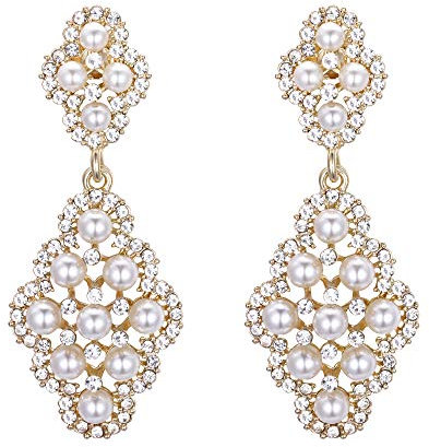 Clearine Perle Ohrclips ohne Ohrlöcher Kristall simulierte Elegant Vintage hohlen Kronleuchter baumeln Clips on Ohrringe Klar Gold Ton