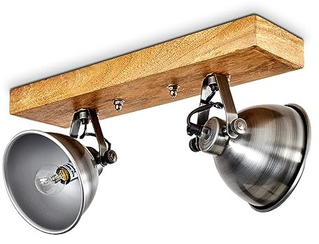 Deckenleuchte Svanfolk, Deckenlampe aus Metall/Holz in Zink/Natur, 2-flammig, mit verstellbaren Strahlern, 2 x E14-Fassung, Retro/Vinatge Design, ohne Leuchtmittel