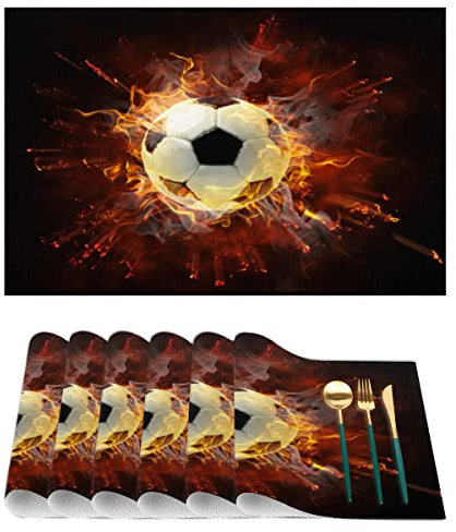 Burning Football Platzsets Stain Resistant Durable PVC Table Mats Washable Placemats Football Woven Vinyl Platzsets 1 Pcs Decor for Coffee Bar, Accessories Decor 12x18 Inch
