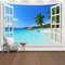 Wandteppich Natur Meer, Tapisserie Fenster Öffnen Meer Natur Landschaft Wohnkultur für Schlafzimmer Wohnheim College Wohnzimmer (Blau Weiß, 260x240cm)