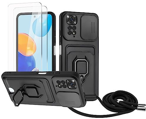 Zallagre Funda con Cuerda Compatible con Redmi Note 11 4G/Note 11S(6.43),[2 Packs Cristal Templado],Ranura para Tarjetas,Cubierta de Cámara Deslizante Proteger,360 Anillo Soporte-Negro