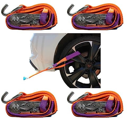 4X | Zurrgurt-Set Autotransport | 1-teilig | Radsicherung Gurt Auto | Abschleppsicherung für Abschleppwagen | nur EIN Zurrpunkt notwendig
