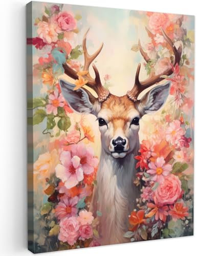 MuchoWow© Leinwand 60x80 cm Deko Schlafzimmer Aesthetic Leinwandbilder Wohnzimmer Gemälde Foto Geschenk Living Room Decoration Hirschkopf Wanddeko Hirsch Bild - Reh - Blumen - Rosa