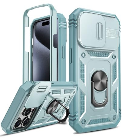 LeYi Hülle für iPhone 15 Pro Max Slide Kamera Klappe Handyhülle(Nein Schutzfolie), Metallständer Kamera Abdeckung Schutzhülle Robust Fallschutz Case Halterung Handy Hüllen Cover Grün