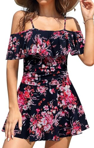 SHEKINI Maillot de bain une pièce pour femme - Dos nu - Jupe de bain plissée - Contrôle du ventre - Maillot de bain pour femme - Grande taille - Jupe de natation, Imprimé bleu, L