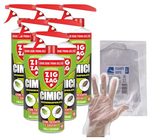 Zig Zag Cimici, Insetticida Microincapsulato a Lento Rilascio. Inodore, Specifico per Cimici, Anti Cimici ad Azione Rapida e Residuale, 500ml+OMAGGIO 100pz Guanti HDPE Monouso (6 Spray+1CF Guanti)