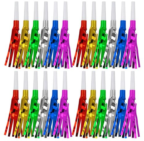 BaiJ 24 Matasuegras para Fiestas - Trompetas Vuvuzela de Plástico con 6 Colores Brillantes para Cumpleaños/Carnaval/Navidad - Silbato para Niños, Trompetas de Fiesta para Adultos y Infantiles