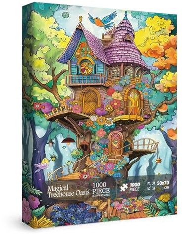 Fantasy Magic Treehouse Puzzles for Adults 1000 Piece, Nature Funny Tree Jigsaw Puzzle, Colorful Flower Plant Puzzle