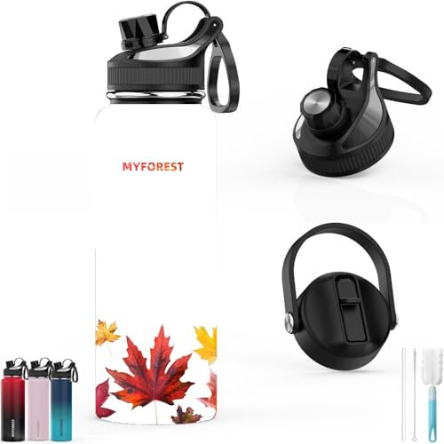 MYFOREST 1000ml isolierte Wasserflasche, 2 Deckel für kleinen Schluck/großen Schluck, 100% spülmaschinenfest/auslaufsicher/BPA-frei/Oberer Griff/kohlensäurehaltige Getränke/kalt/heiß