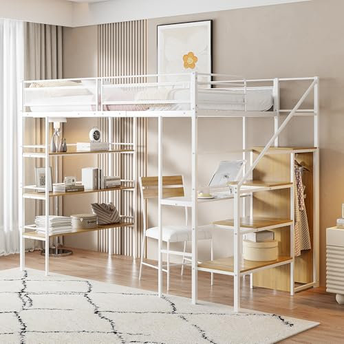 Dolamaní Metall Hochbett 90x200 cm für Erwachsene und Jugendliche, mit Regal, Schreibtisch, Kleider Schrank, Treppe mit Ablagefach, Hohes Netz-Rausfallschutz Design, Einzelbett, Weiß