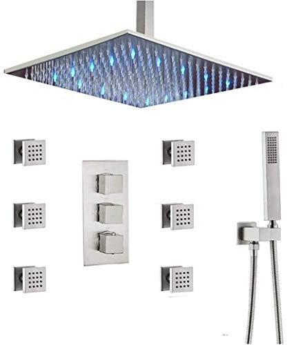 GLJTUO Ensemble De Douche Système De Douche, Pommeau De Douche À Effet Pluie Thermostatique en Laiton Nickel Brossé 10 À 16 Pouces À LED avec 6 Jets Corporels Et Ensemble De Douc,16 inch