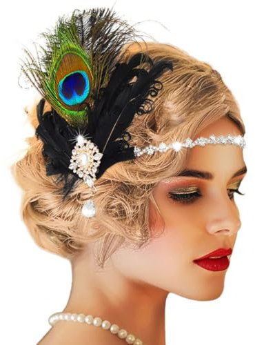 Handcess 1920er Jahre Flapper Stirnband Pfauenfeder Kopfschmuck Vintage Kristall Haarband Great Gatsby Kostüm Brüllend 20er Jahre Haarschmuck für Damen
