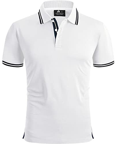 geeksport Men's Polo Shirt Short Sleeve Golf Polo Outdoor Breathable Tops for Mens Sports T-Shirt Work Tee White Black M