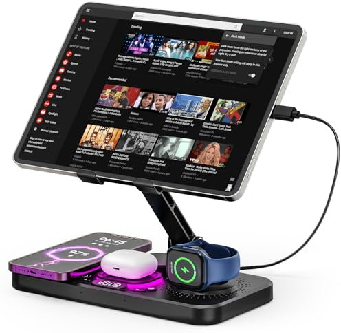 Jubor 4 in 1 Wireless Charging Station for iPhone, Adjustable Desk Tablet Stand with LED Night Light, Foldable Table iPad Holder for iPad Pro Air Mini, 4-15.6 Tablet Phones
