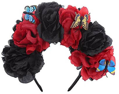 Day of the Dead Blumen-Haarreif, Halloween-Krone, Blumenkranz, Party-Kopfschmuck mit Schmetterlings-Dekor, 10,2 cm, Blume, Halloween, Tag der Toten, Blumenkrone, Gothic-Stil, Kopfschmuck, Haarkleid