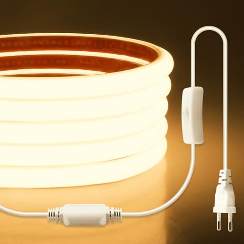 Aclorol COB LED Streifen 2M 230V 220V LED Band Aussenbereich Wasserdicht IP67 mit Schalter Warmweiß 3000K 288LEDs/M Flexibel für Küche Wohnzimmer Schlafzimmer Balkon Indirekte Beleuchtung CRI90+