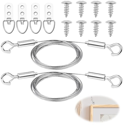 2 Stück 2m Bilder Aufhängen Schnur Set, Verstellbares Edelstahl Fotoseil mit Haken zum Aufhängen von Bildern, Spiegeln und Kunstwerken (2m × 1,5mm)