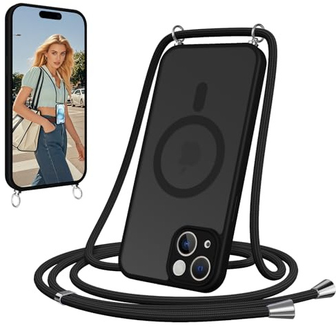 Olgary Magnetische Handyband für iPhone 15 Hülle mit Band Handyhülle Kompatibel mit MagSafe,Matt Durchscheinende,justierbarer und Abnehmbarer Kette,Crossbody Magnet Cover,Schwarz