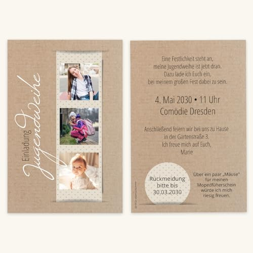 Tischkarten-Shop Einladungskarten Jugendweihe – modernes Design mit 3 Fotos, personalisierbar mit Text & Bild – 8 bis 100 Karten - extrastarkes Papier - Umschläge optional - Motiv Fotostreifen