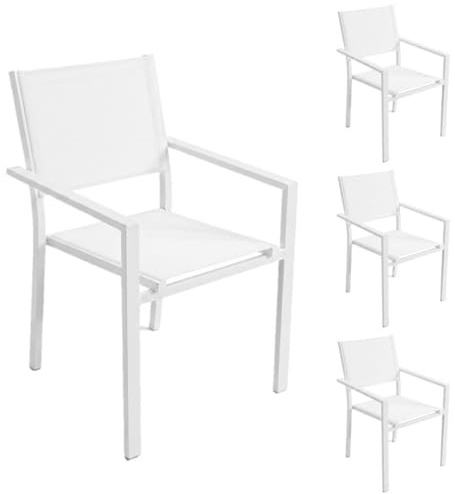 MONTY Set de 4 Sillas Thais de Aluminio Blanco y Textileno Blanco, Elegantes, Apilables, Ligeras y Resistentes, Tratamiento anticorrosión para Exteriores, de 56x56x86 cm