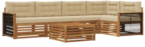 vidaXL Outdoor-Sofagarnitur mit Kissen 6 pcs Natur und Beige, Patio Ecksofa, modernes Lounge-Set für draußen, wetterfestes Gartenmöbel für die Terrasse, Bequeme Sitzgelegenheit
