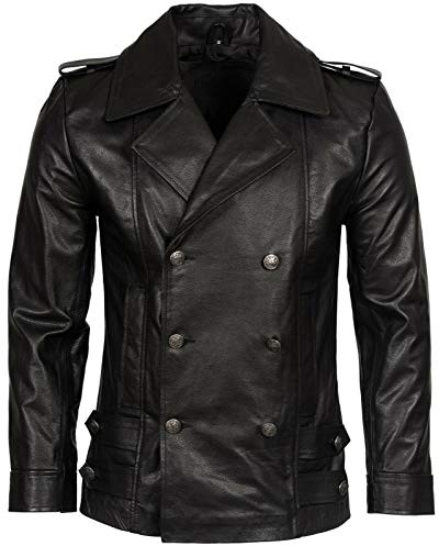 Mens Classic German Navy Military Peacoat Black Cowhide Leather Jacket