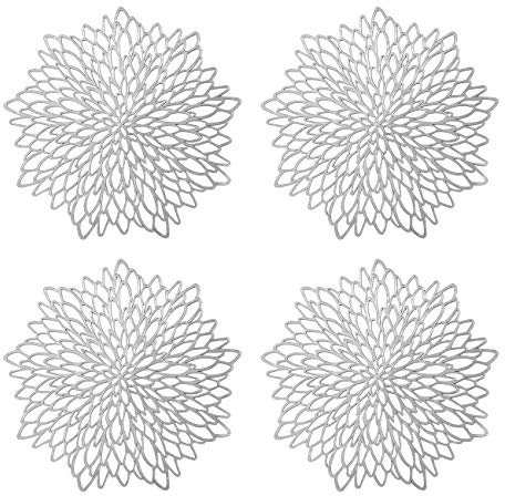 GLOBALDREAM Ausgehöhlte runde Tischsets, 4 Stück Silber metallische runde Tischsets Laminierter Vinylblatt-Esstisch Dekorativer Rutschfester Tisch Tischset PVC-Kunststoffuntersetzer Isolationspads