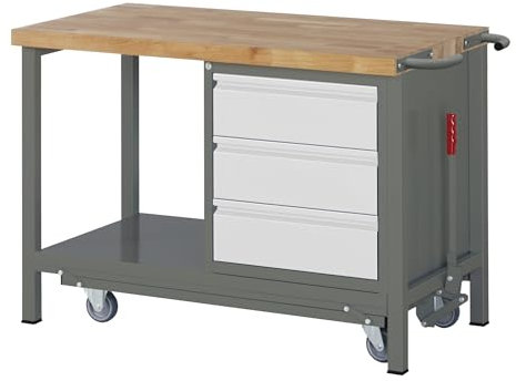 STIER Werkbank Premium, mit abs. Fahrgestell, 3 Schubladen, 125x70x88cm, Stahl & Buche