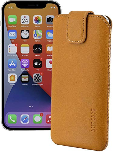 Suncase ECHT Ledertasche Leder Etui Tasche kompatibel mit iPhone 12 Mini (5.4) Hülle (mit Rückzugsfunktion und Magnetverschluss) antik-Camel
