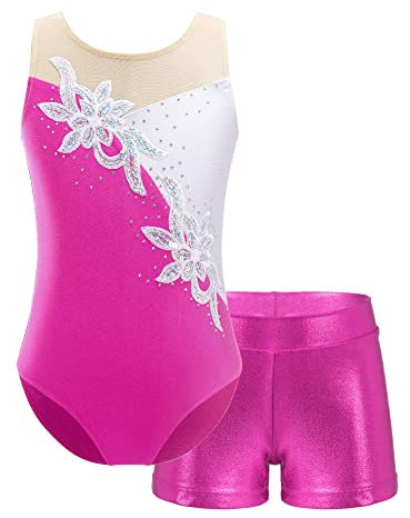 iEFiEL Mädchen Einhörner Turnanzug Glänzend Gymnastik Leotard Kinder Kleidung Set Ballett Trikot Tanz Kostüme mit Überkreuzte Träger W Rose 158-164