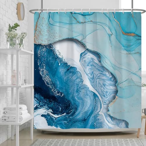 Ttincceer 180x180cm Rideau de Douche en marbre Bleu Encre Bleue Rideau de Salle de Bain texturé Luxe Ombre Rideaux de Douche Modernes Rideau de Baignoire Lavable avec Crochet pour Salle de Bain