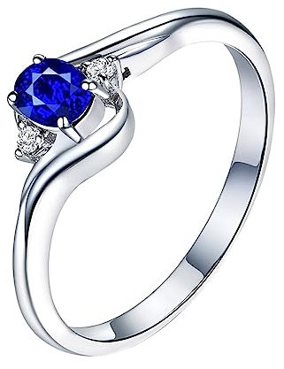 Diamond Ring For Women, Ringe Damen Elegant Welle Anmutig 18 Karat (750) Weißgold 0.52Ct Saphir Blau Ovale Form Größe 57 (18.1)