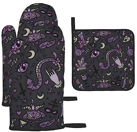 Lot de 3 gants de cuisine antidérapants violets et noirs gothiques avec maniques et tapis isolants thermiques