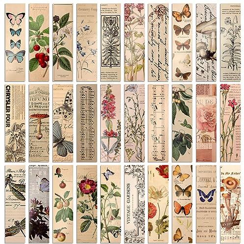 JSRQT 30 Stück Papier Lesezeichen,Vintage-Stil Papier Lesezeichen,Seitenmarker Buch-Accessoires, Schmetterling Blume Pflanze Buchmarken für Buchliebhaber (15x4cm,30 Stil)