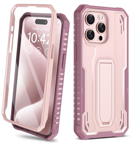 ORETECH for iPhone 15 Pro Case,[Built-in Tempered Glass Screen Protector] [Built-in Kickstand] [Heavy Duty Protection] Military Grade Shockproof Anti-Silp Cover for iPhone 15 Pro Phone Case -Rose Gold