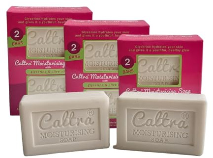 Caltra Moisturising Soap Bar with Olive Oil & Glycerine, Vegan, No SLS or Parabens, Natural Organic Softens & Nourishes Body Hand & Face Soap for Men Women (3 Pack (6 Soaps))
