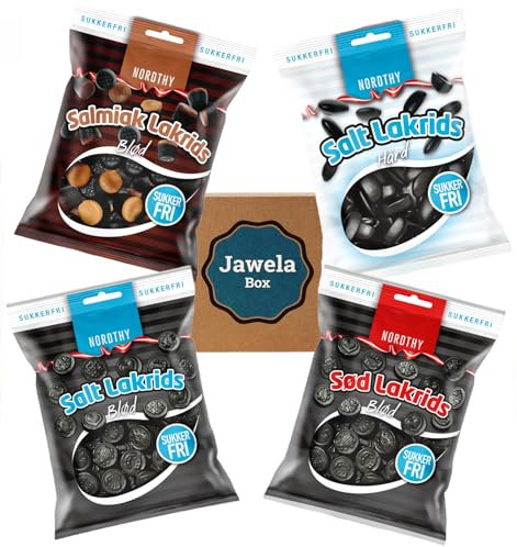 Zuckerfrei Lakritz Set Nordthy Salzlakritz weich + hart, Süßlakritz + Salmiaklakritz - 4 Tüten sugarfree Lakritz Jawela Box - ohne Zucker, kalorienreduziert