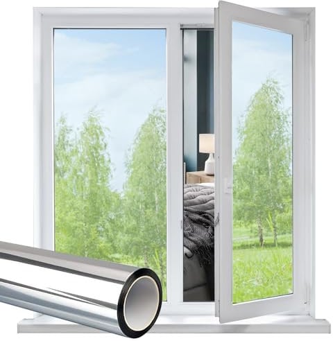 Funfox One Way Window Film, Mirror Reflective Window Tint Film for Glass, Window Film Privacy, Anti-UV Adhesive Daytime Privacy Protection Sticker Sun for Office Home Car Silver 44.5 x 200cm