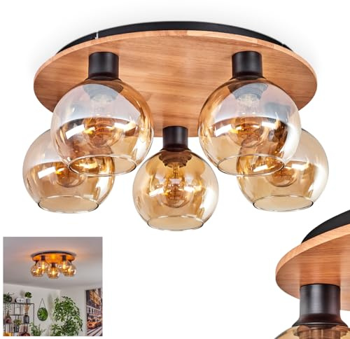 HOFSTEIN Deckenleuchte Koyoto, Deckenlampe aus Metall/Holz/Glas in Schwarz/Natur/Bernstein, Leuchte im Retro/Vintage-Design (Ø Schirme 15 cm), 5 x E27, Schlafzimmer, Wohnzimmer, Küche, Esszimmer