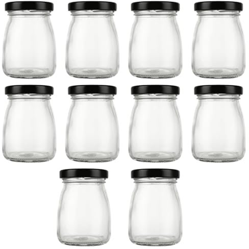 ASelected 10Pcs Clear Glass Bottles With Pretty Black Lids 100 Ml Pudding Yogurt Pots Small Jars for Snacks, Candies, DIY Projects