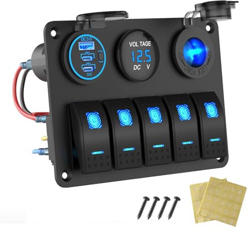 Panel de Interruptores Marinos Impermeables, 5 Gang Rocker Switch Cargador de Aluminio con 3 puertos 66W 12V USB Outlet, 150W Enchufe del encendedor y Voltímetro LED azul para Camión Coche RV, etc.
