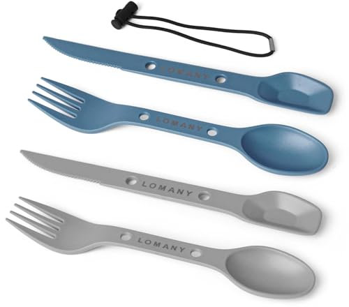 Loyzcy Reusable 4-in-2 Combo Camping Utensil Set, 2 Sets Spoon-Fork-Knife Travel Utensils, Portable Plastic Cutlery Backpacking Gear for Lunch Hiking Outdoor Survival (2, Blue, Grey)